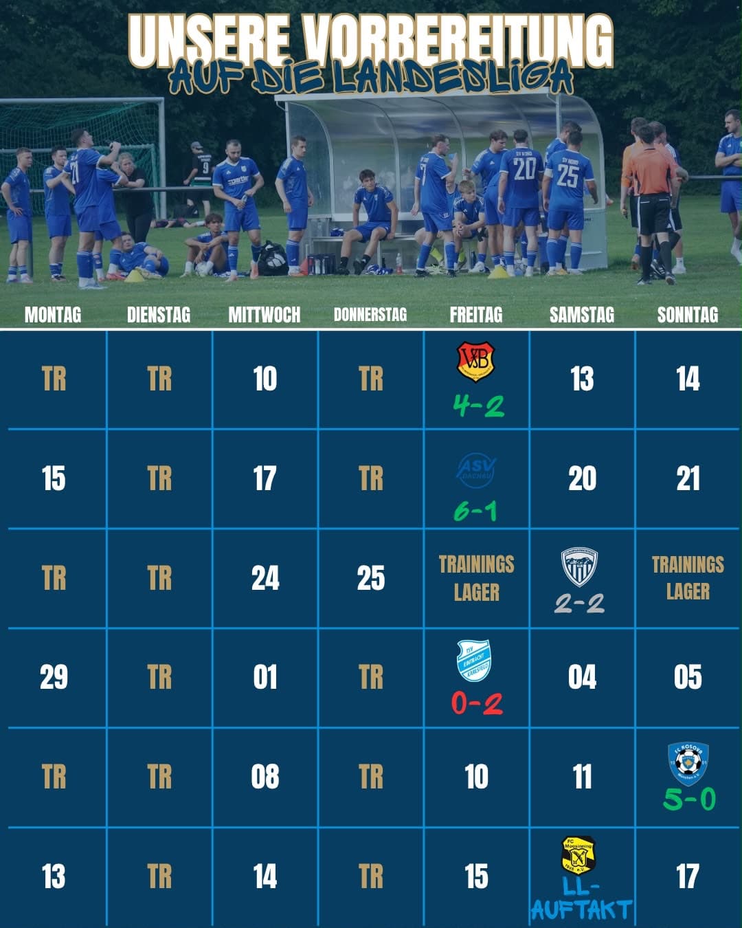 Wochenplan der Landesliga-Vorbereitung des SV Nord München-Lerchenau mit Trainingseinheiten, Trainingslager und den Ergebnissen der fünf Testspiele.